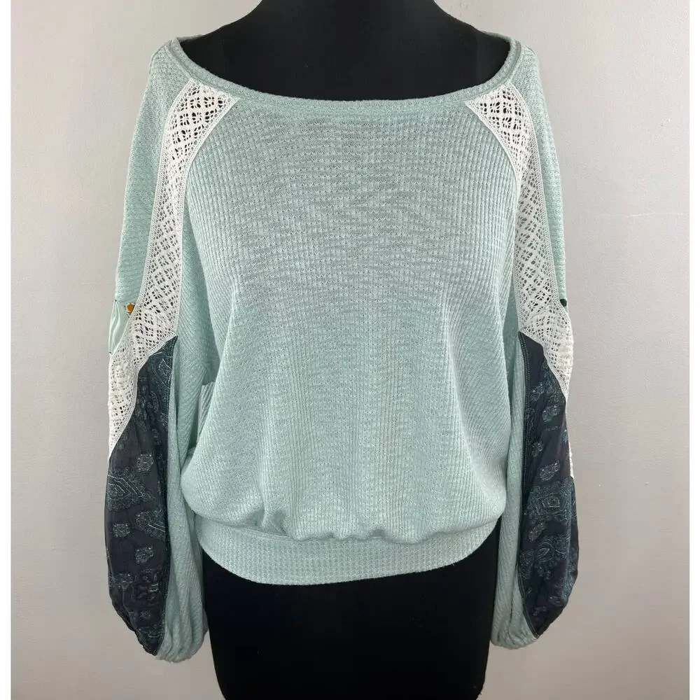 FREE PEOPLE Mint Blue Floral Printed Lace Trim Knit Pullover Shirt Top Boho XS